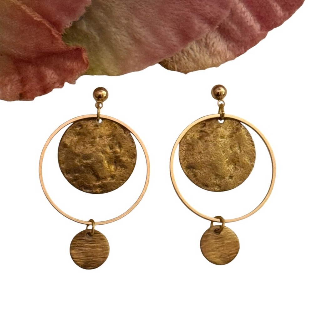 CHOO 11 Hammered Gold Toned Textured Disc and Hoop Statement Earrings NWT